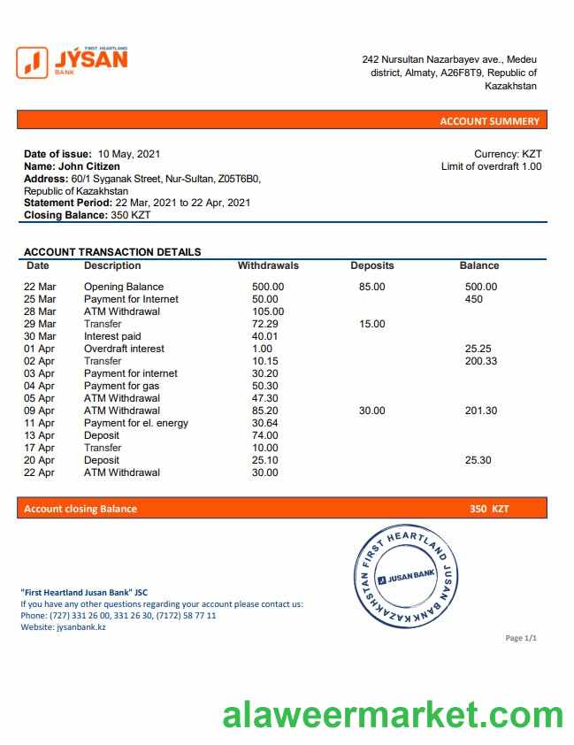 Kazakhstan First Heartland Jusan Bank statement